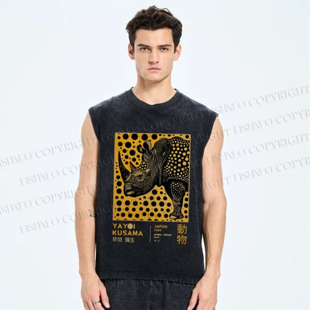 Unisex Japanese Rhinoceros Yayoi Kusama Printed Washed Tank Top