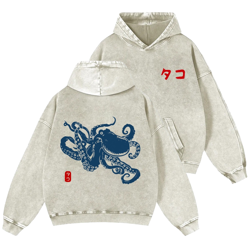 Octopus Vintage Washed Cotton Back Art Hoodie