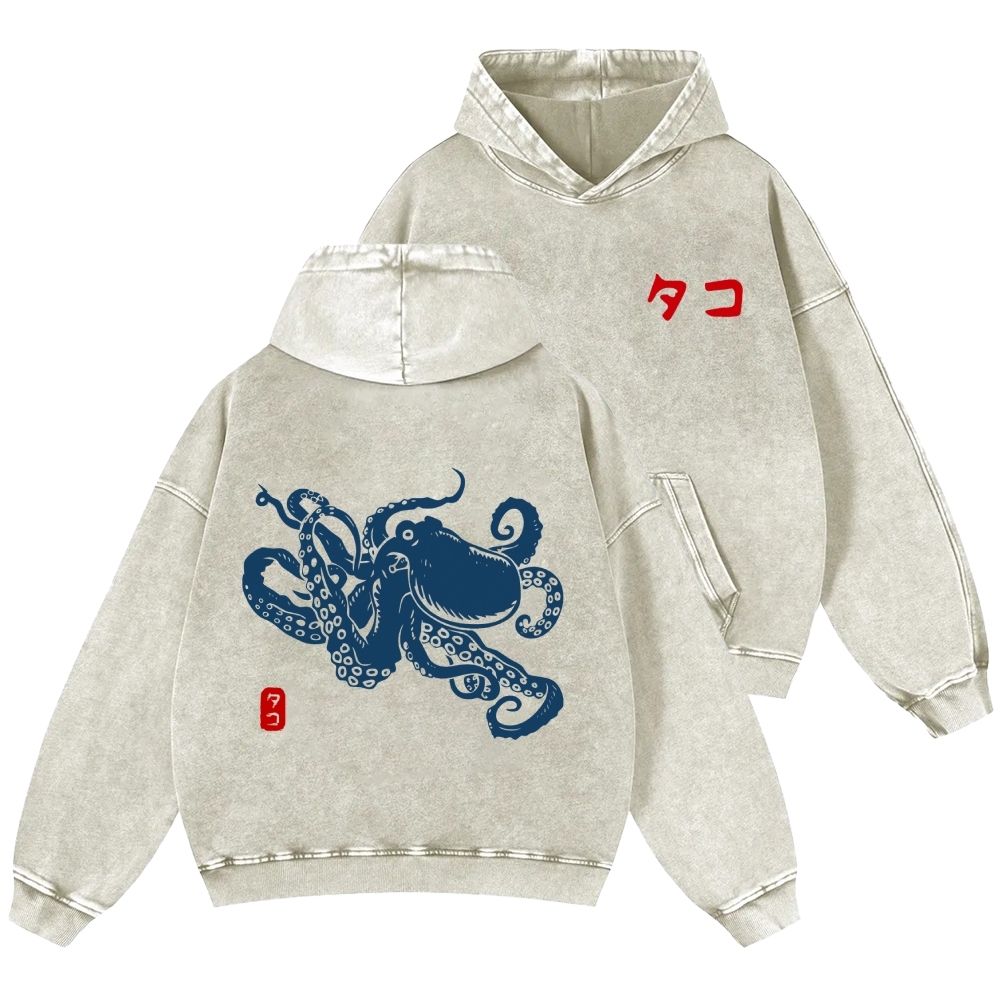 Octopus Vintage Washed Cotton Back Art Hoodie