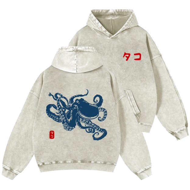 Octopus Vintage Washed Cotton Back Art Hoodie