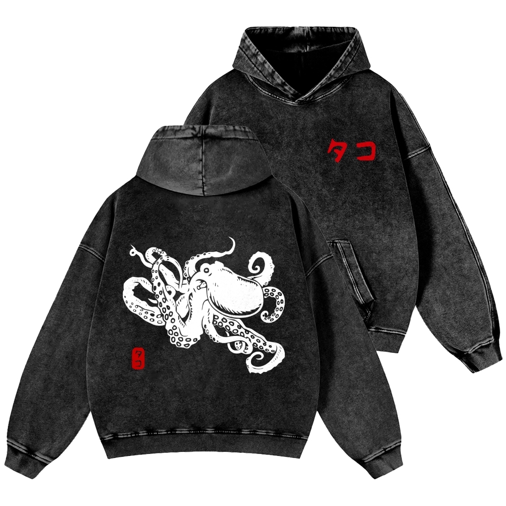 Octopus Vintage Washed Cotton Back Art Hoodie