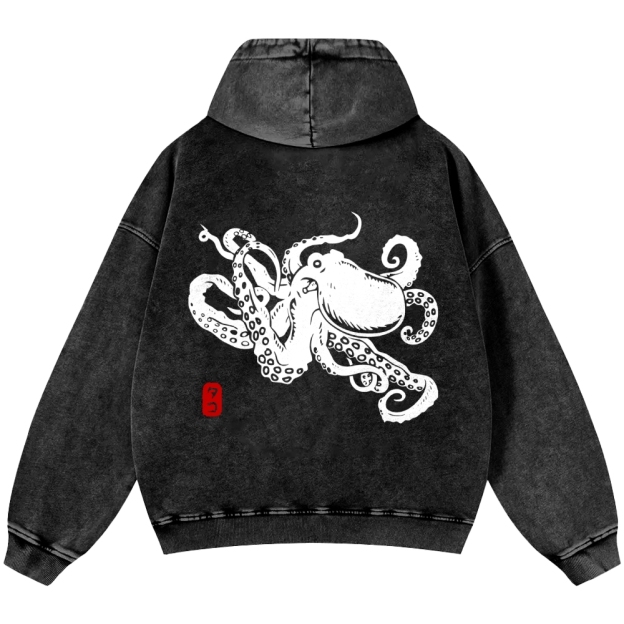 Octopus Vintage Washed Cotton Back Art Hoodie