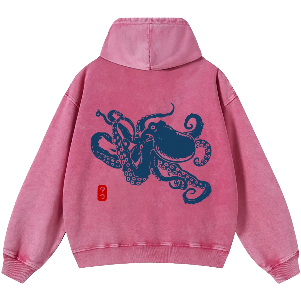Octopus Vintage Washed Cotton Back Art Hoodie