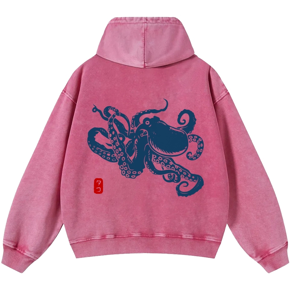 Octopus Vintage Washed Cotton Back Art Hoodie