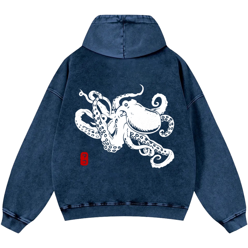 Octopus Vintage Washed Cotton Back Art Hoodie
