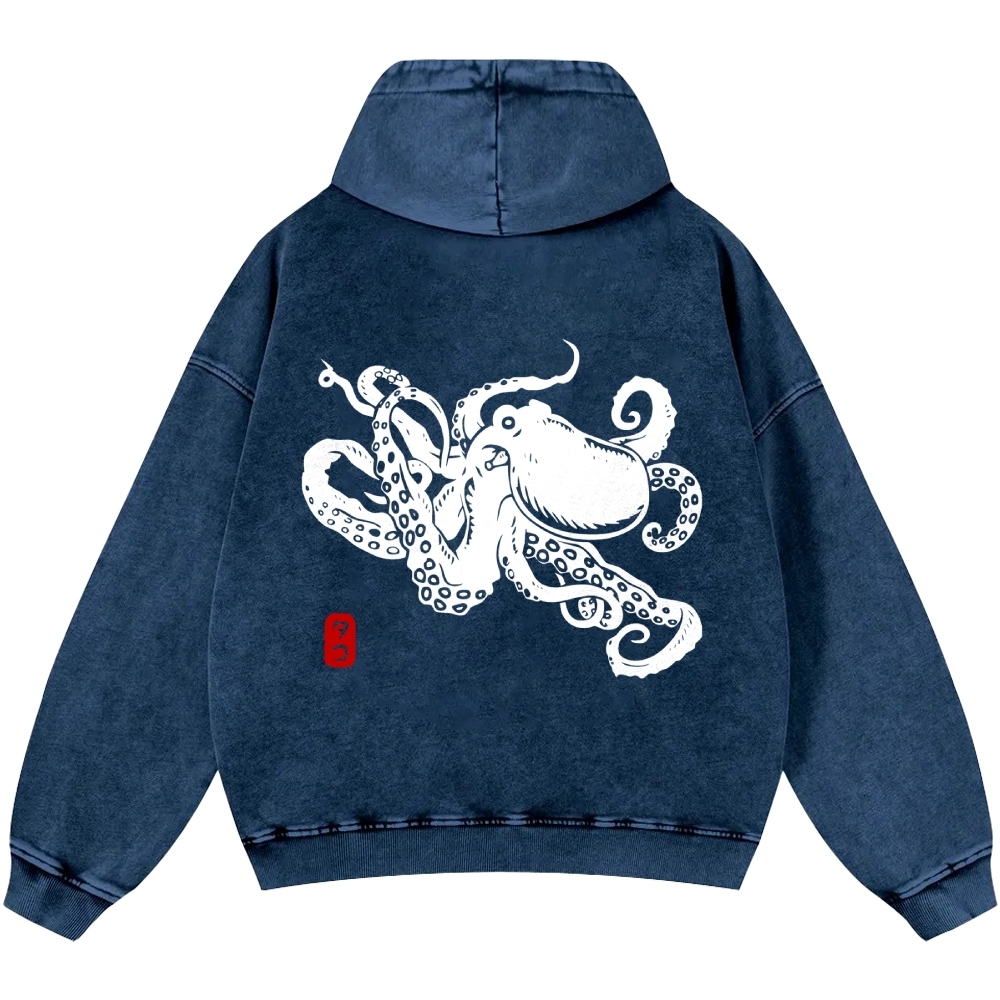 Octopus Vintage Washed Cotton Back Art Hoodie