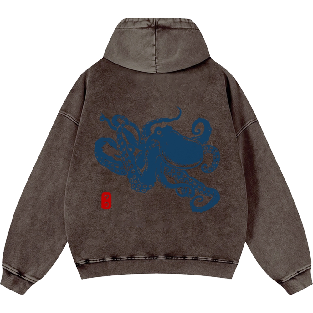 Octopus Vintage Washed Cotton Back Art Hoodie