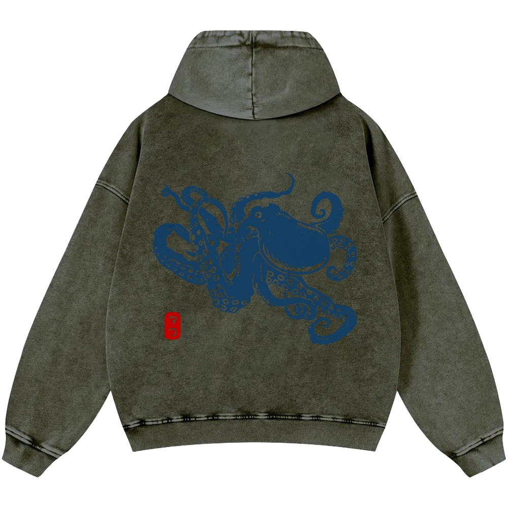 Octopus Vintage Washed Cotton Back Art Hoodie