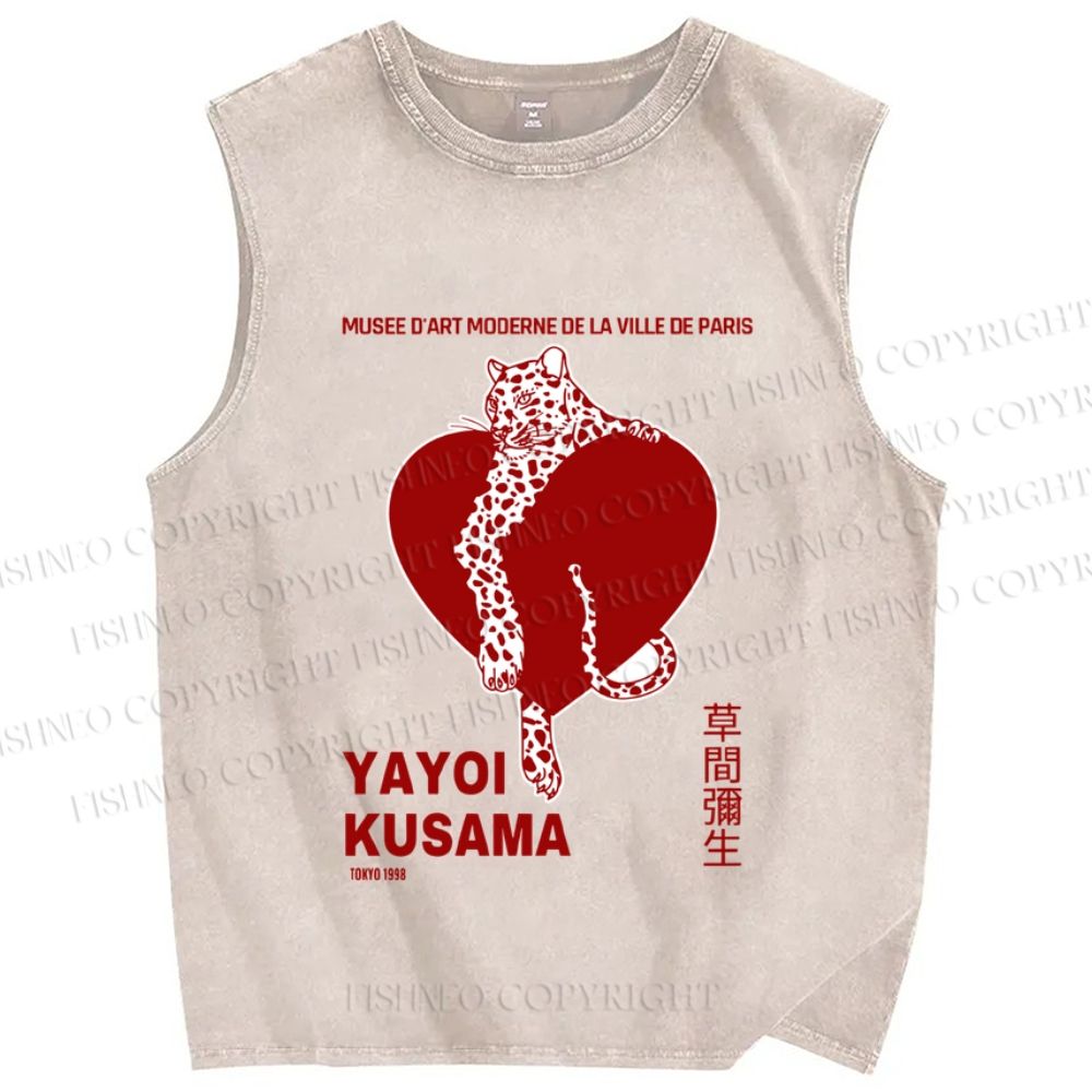 Unisex Yayoi Kusama Panther With Heart Printed Washed Tank Top