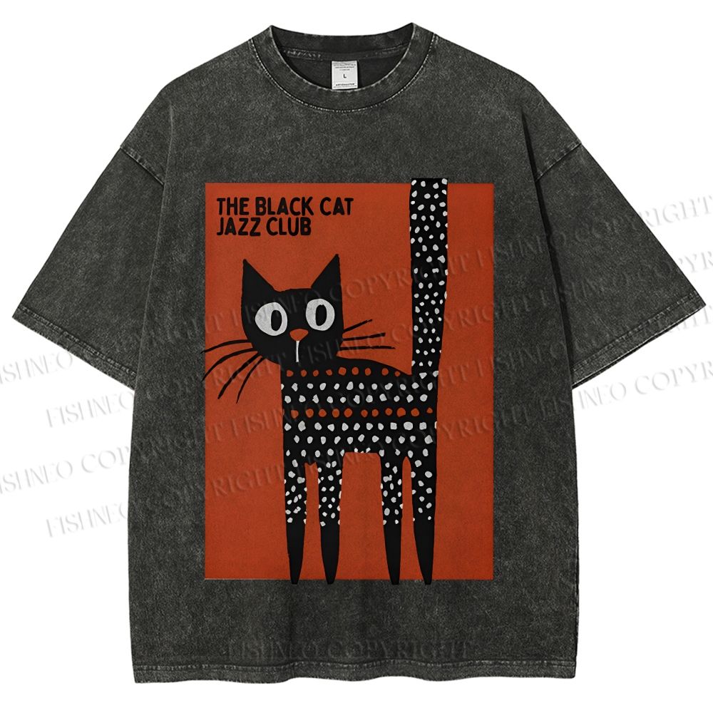 Unisex Black Cat Jazz Club Printed Washed Tee