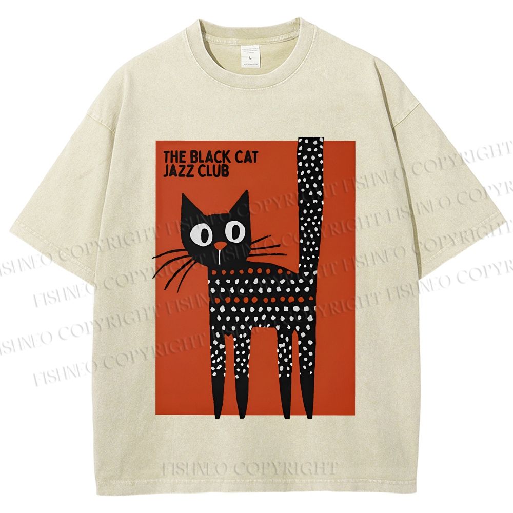 Unisex Black Cat Jazz Club Printed Washed Tee