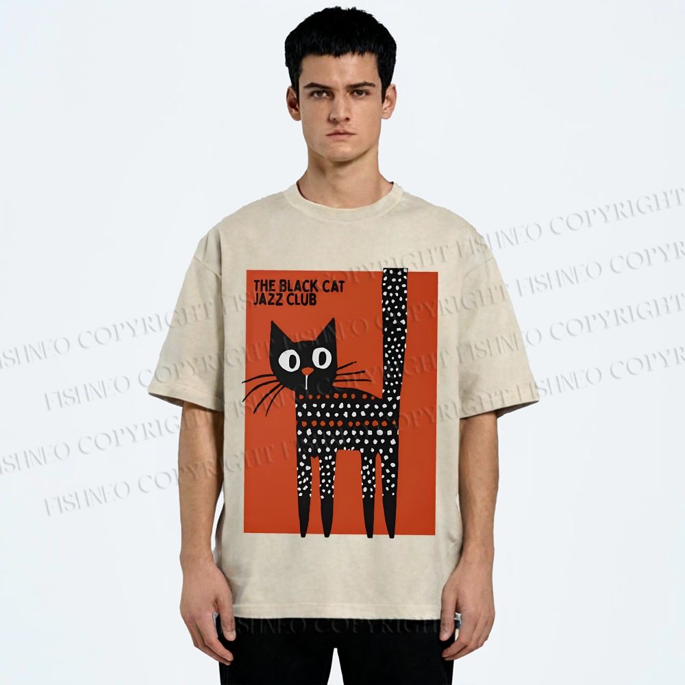 Unisex Black Cat Jazz Club Printed Washed Tee