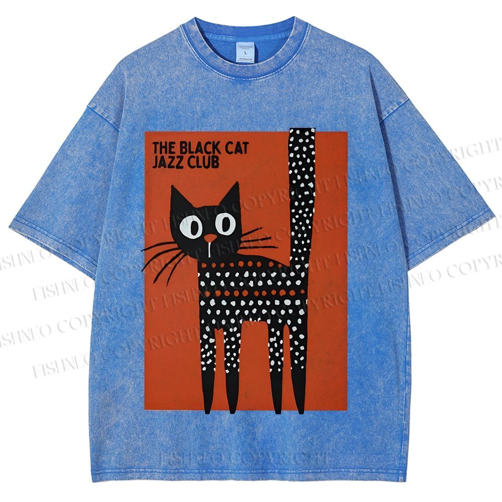 Unisex Black Cat Jazz Club Printed Washed Tee