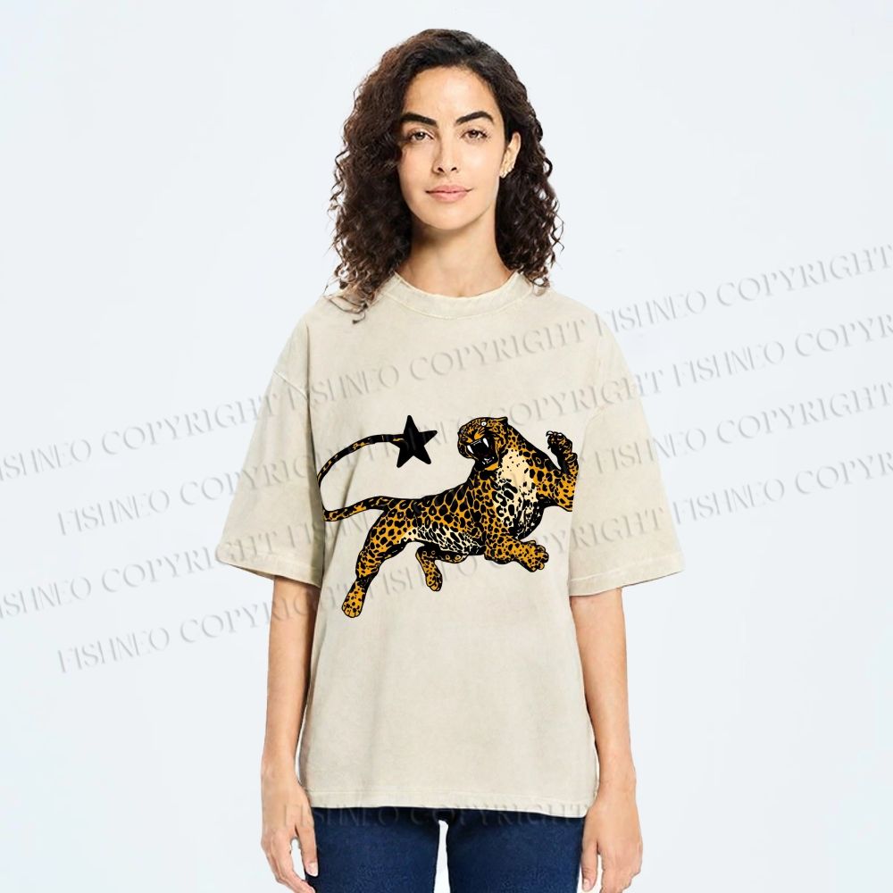 Unisex Panther Star Printed Washed Tee