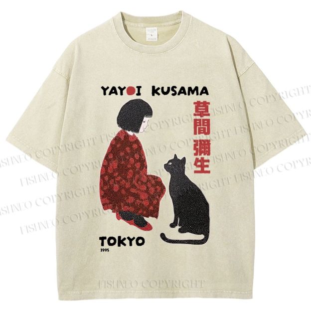 Unisex Yayoi Kusama Woman With Black Cat Printed Washed Tee
