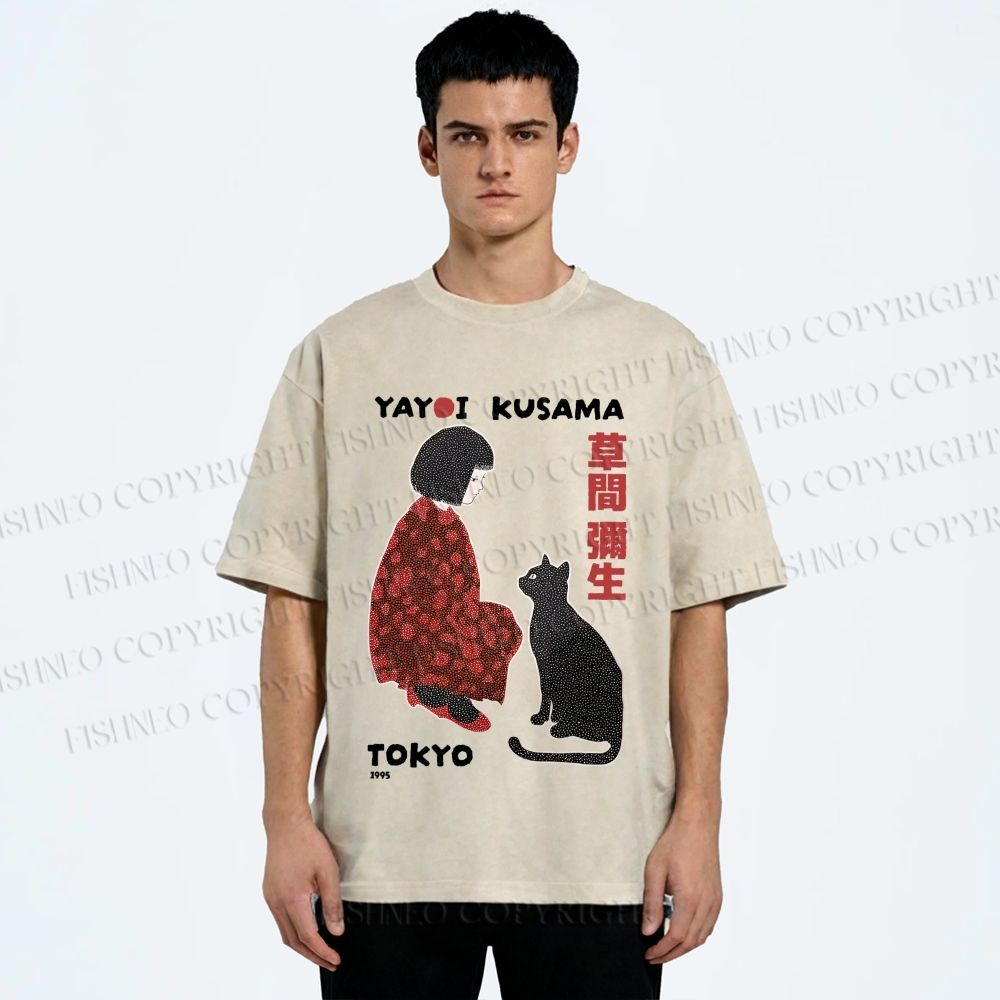 Unisex Yayoi Kusama Woman With Black Cat Printed Washed Tee