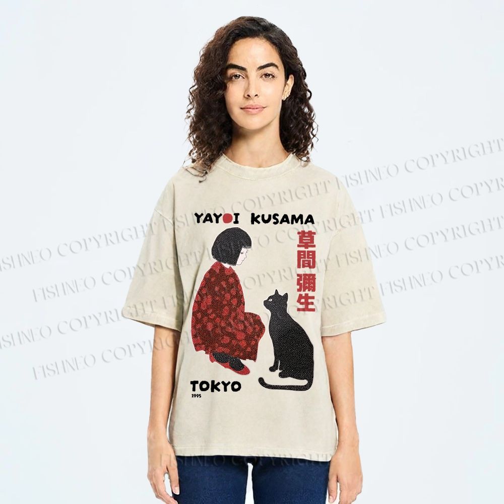 Unisex Yayoi Kusama Woman With Black Cat Printed Washed Tee