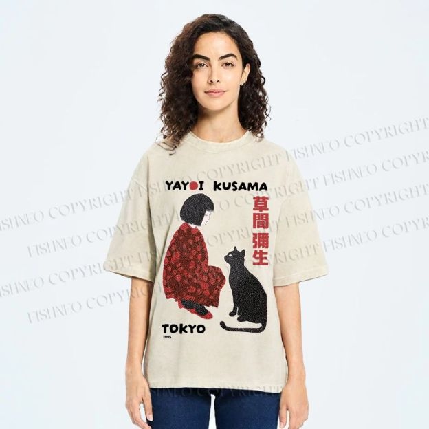 Unisex Yayoi Kusama Woman With Black Cat Printed Washed Tee