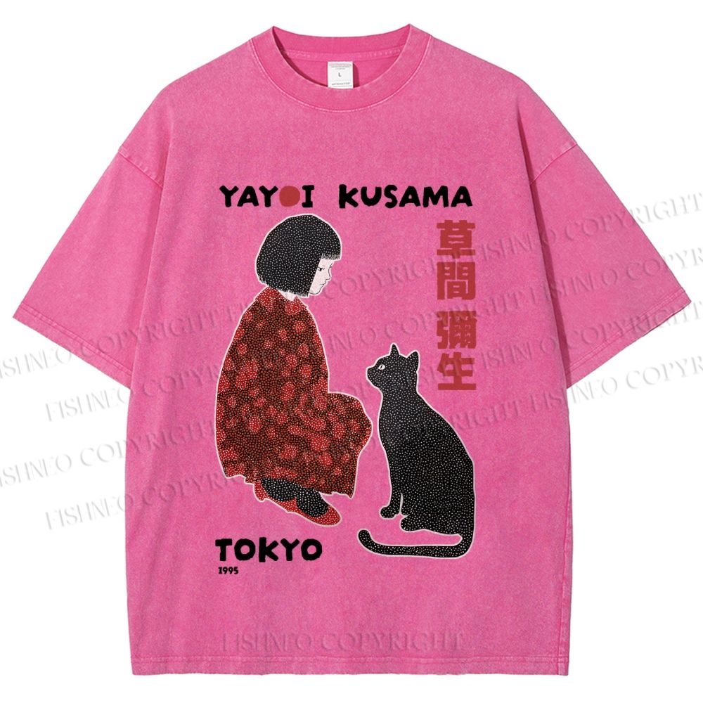 Unisex Yayoi Kusama Woman With Black Cat Printed Washed Tee