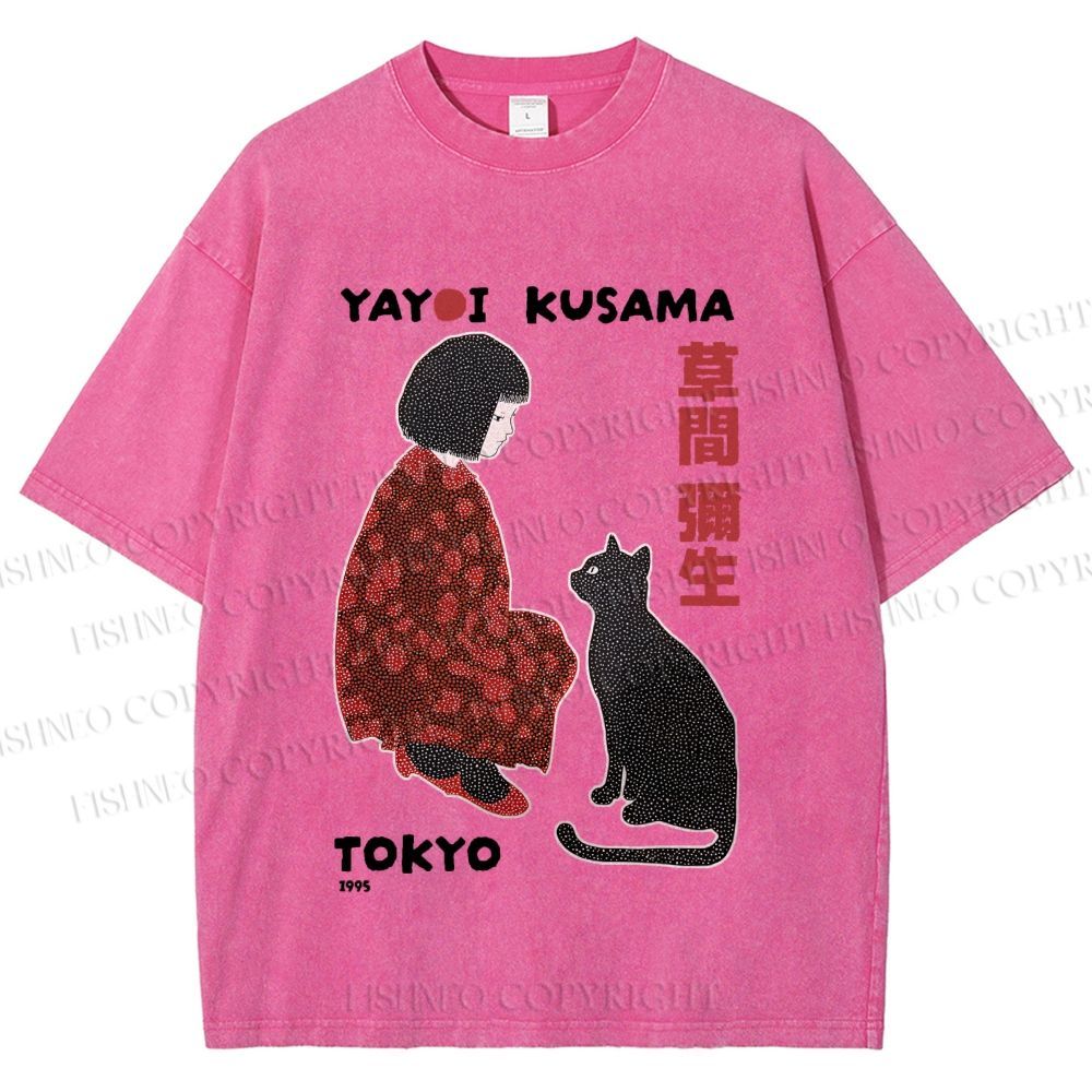 Unisex Yayoi Kusama Woman With Black Cat Printed Washed Tee