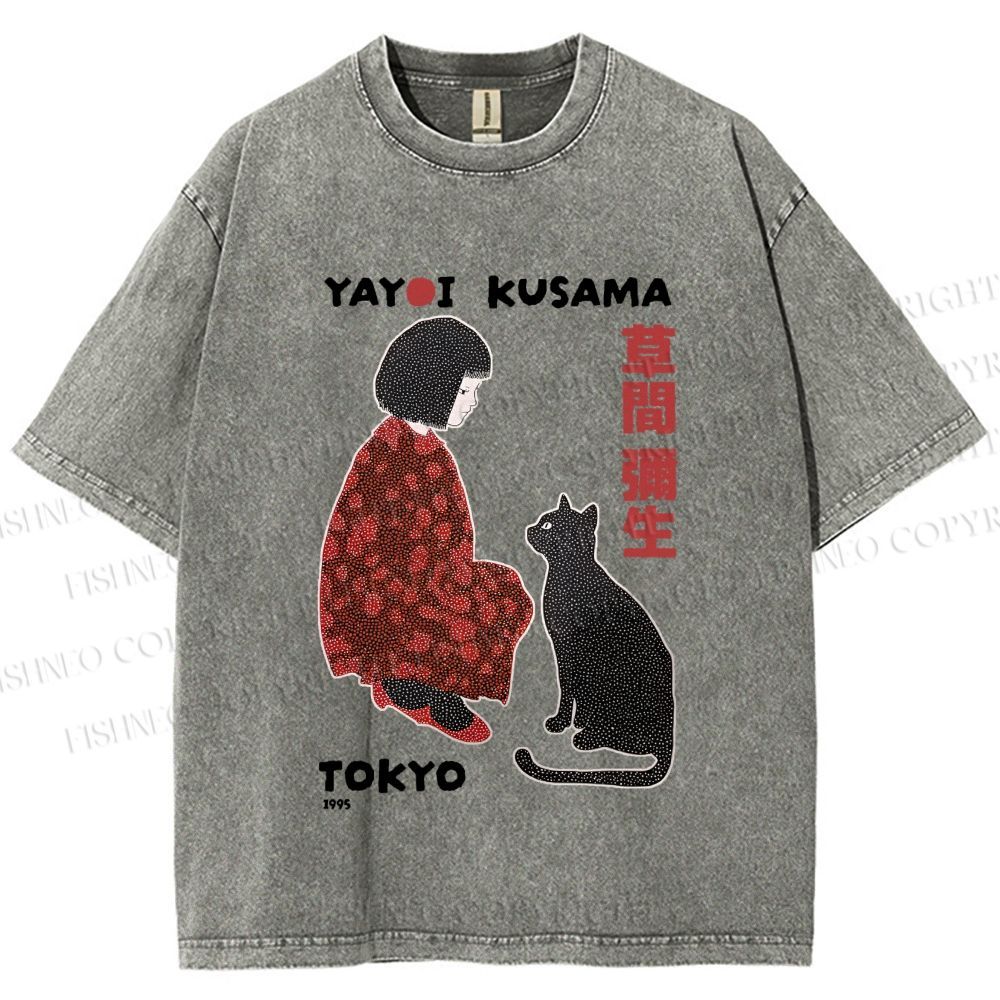 Unisex Yayoi Kusama Woman With Black Cat Printed Washed Tee