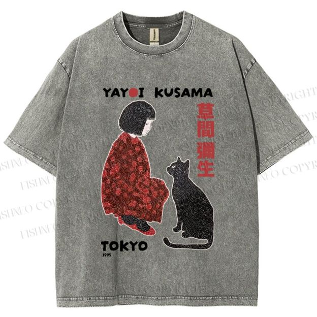 Unisex Yayoi Kusama Woman With Black Cat Printed Washed Tee