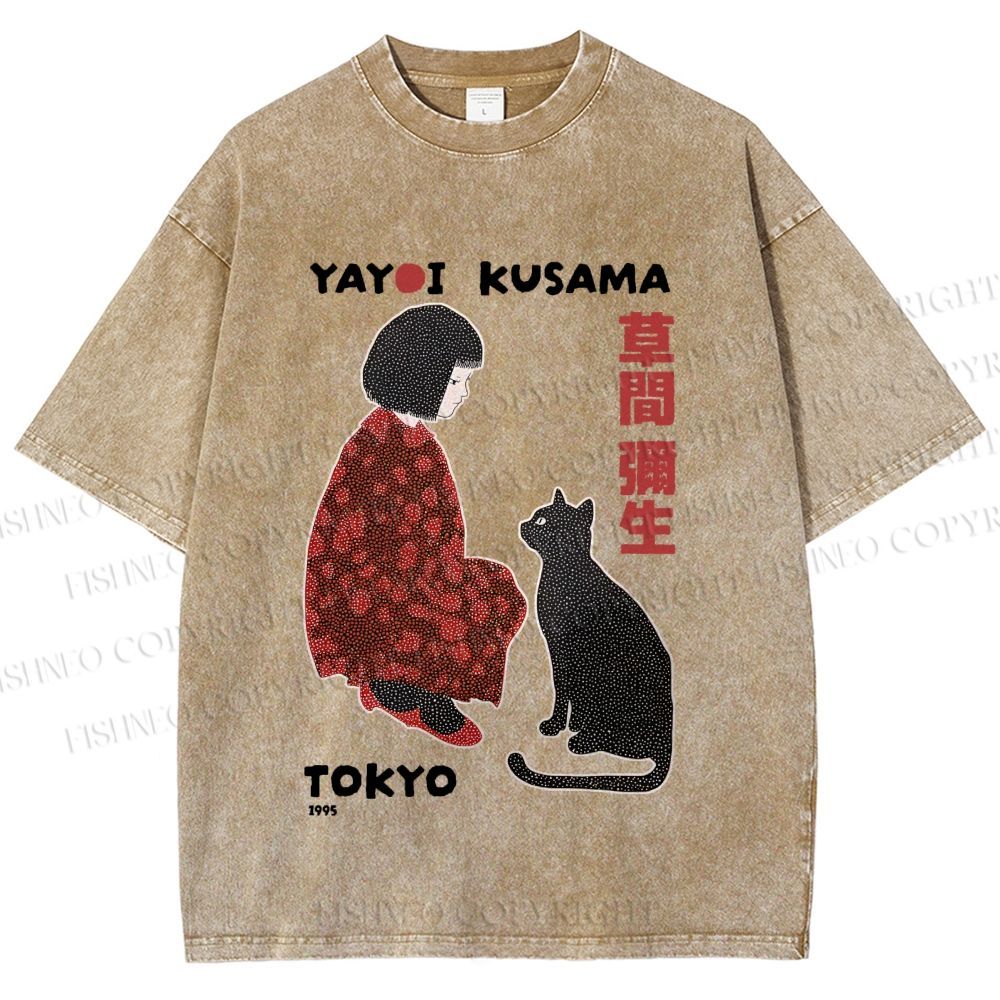 Unisex Yayoi Kusama Woman With Black Cat Printed Washed Tee