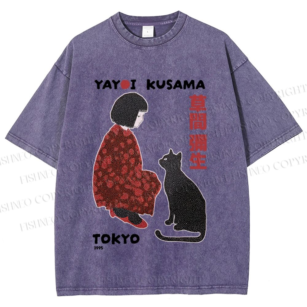 Unisex Yayoi Kusama Woman With Black Cat Printed Washed Tee