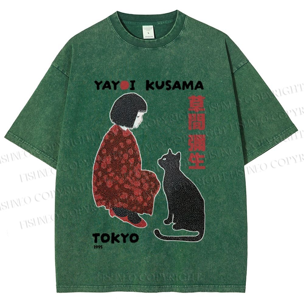 Unisex Yayoi Kusama Woman With Black Cat Printed Washed Tee