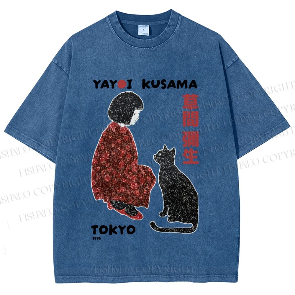 Unisex Yayoi Kusama Woman With Black Cat Printed Washed Tee