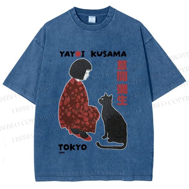 Unisex Yayoi Kusama Woman With Black Cat Printed Washed Tee