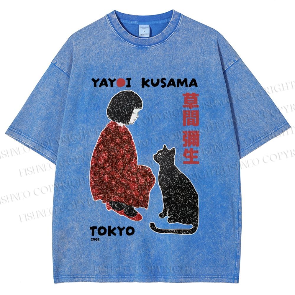 Unisex Yayoi Kusama Woman With Black Cat Printed Washed Tee