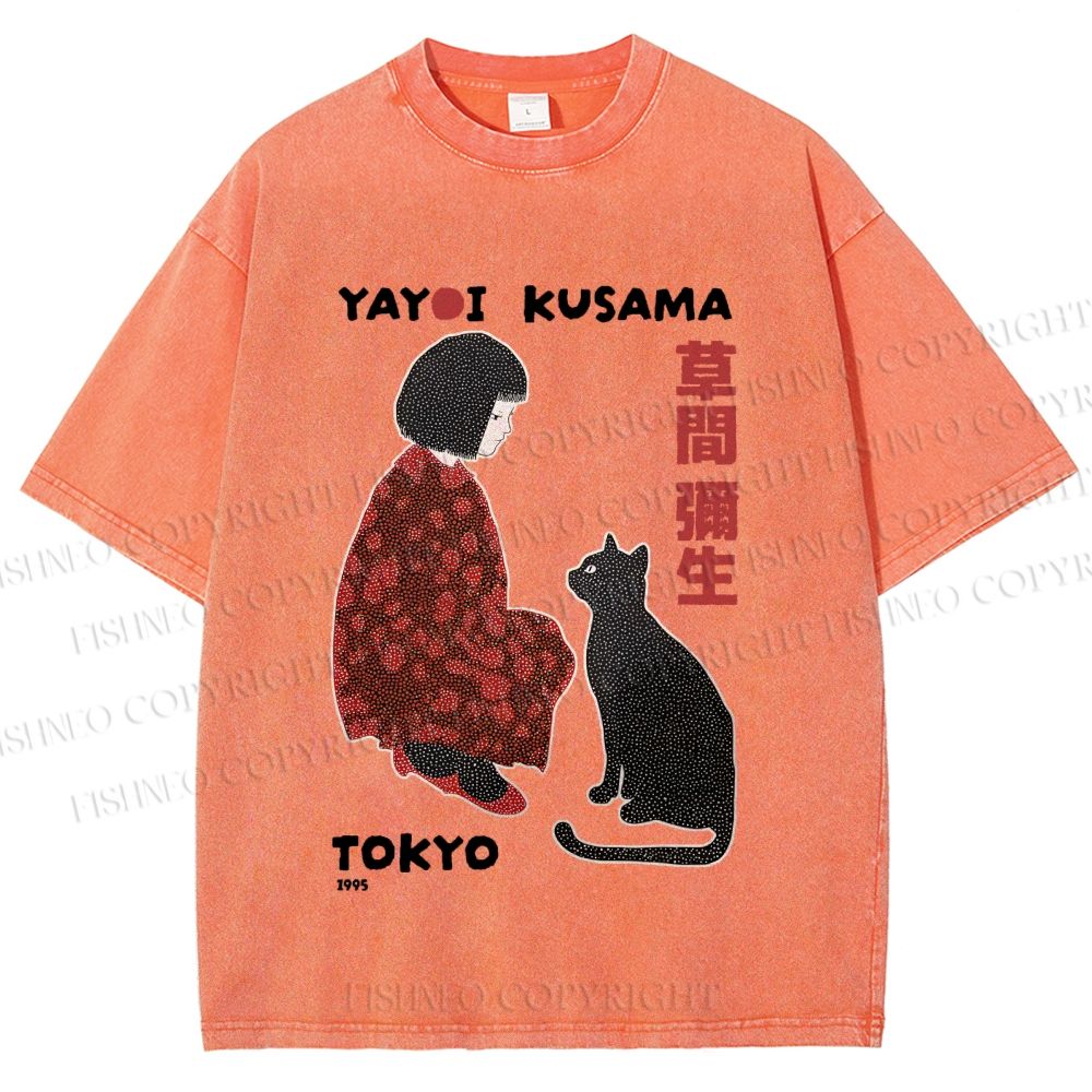 Unisex Yayoi Kusama Woman With Black Cat Printed Washed Tee