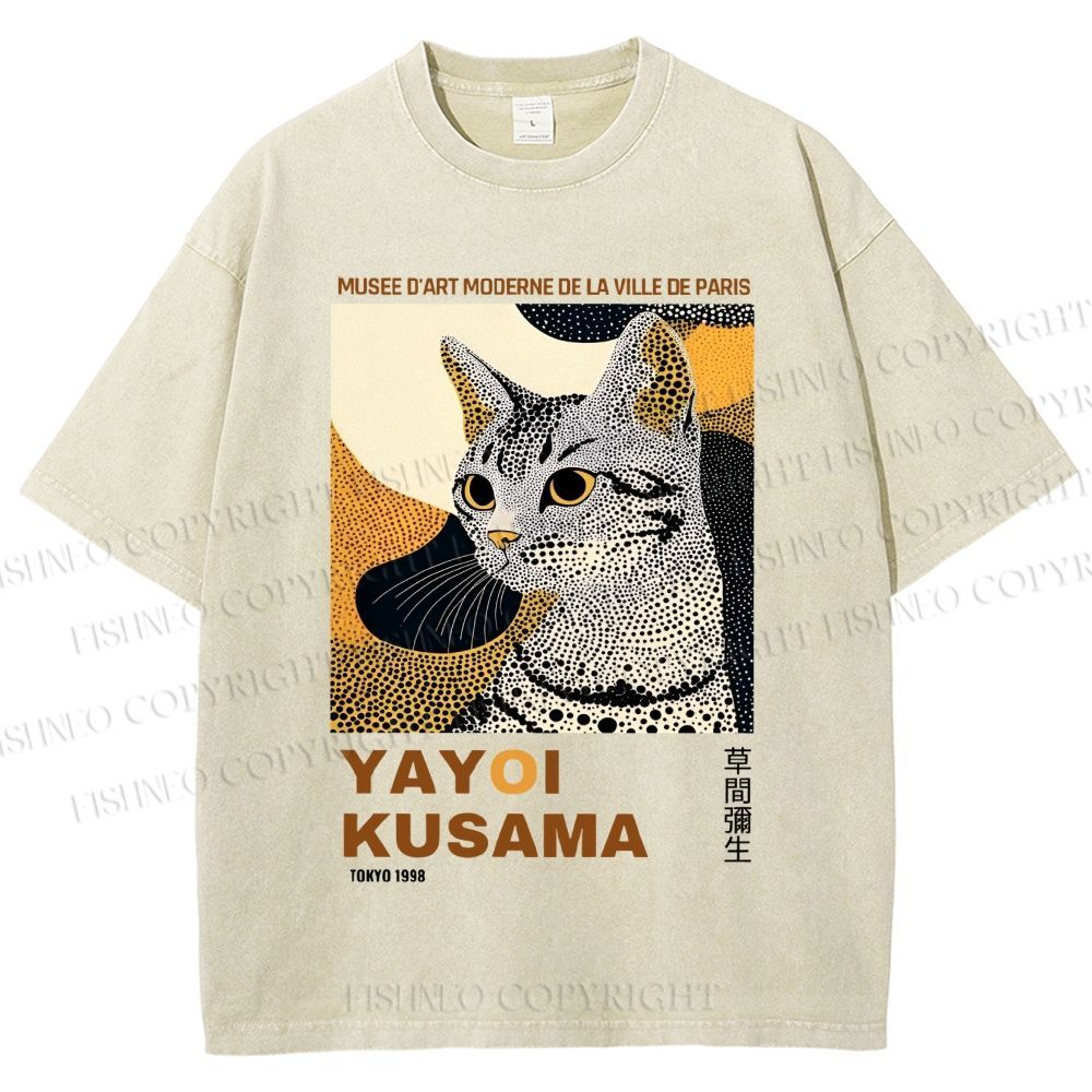Unisex Yayoi Kusama Cat Printed Washed Tee