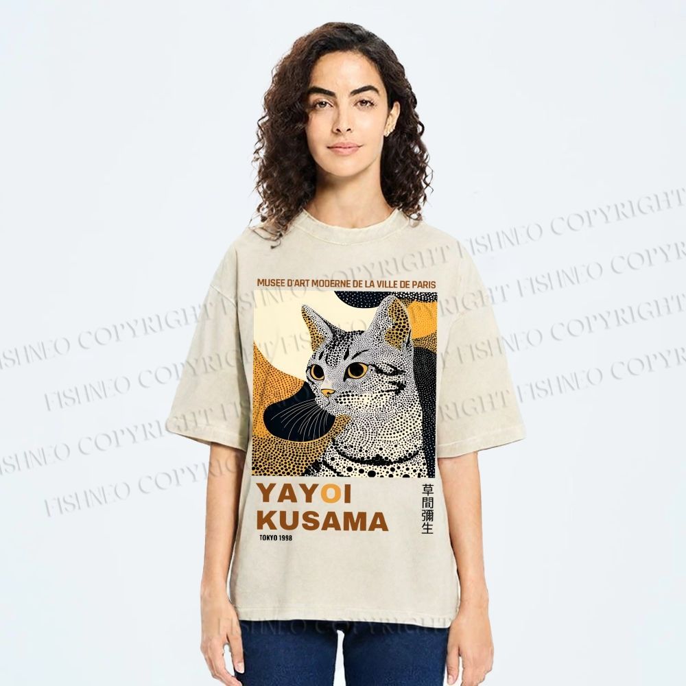 Unisex Yayoi Kusama Cat Printed Washed Tee