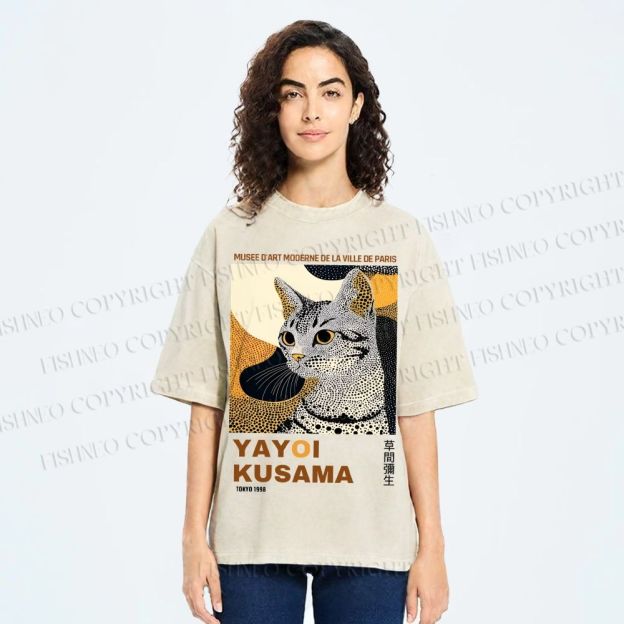 Unisex Yayoi Kusama Cat Printed Washed Tee