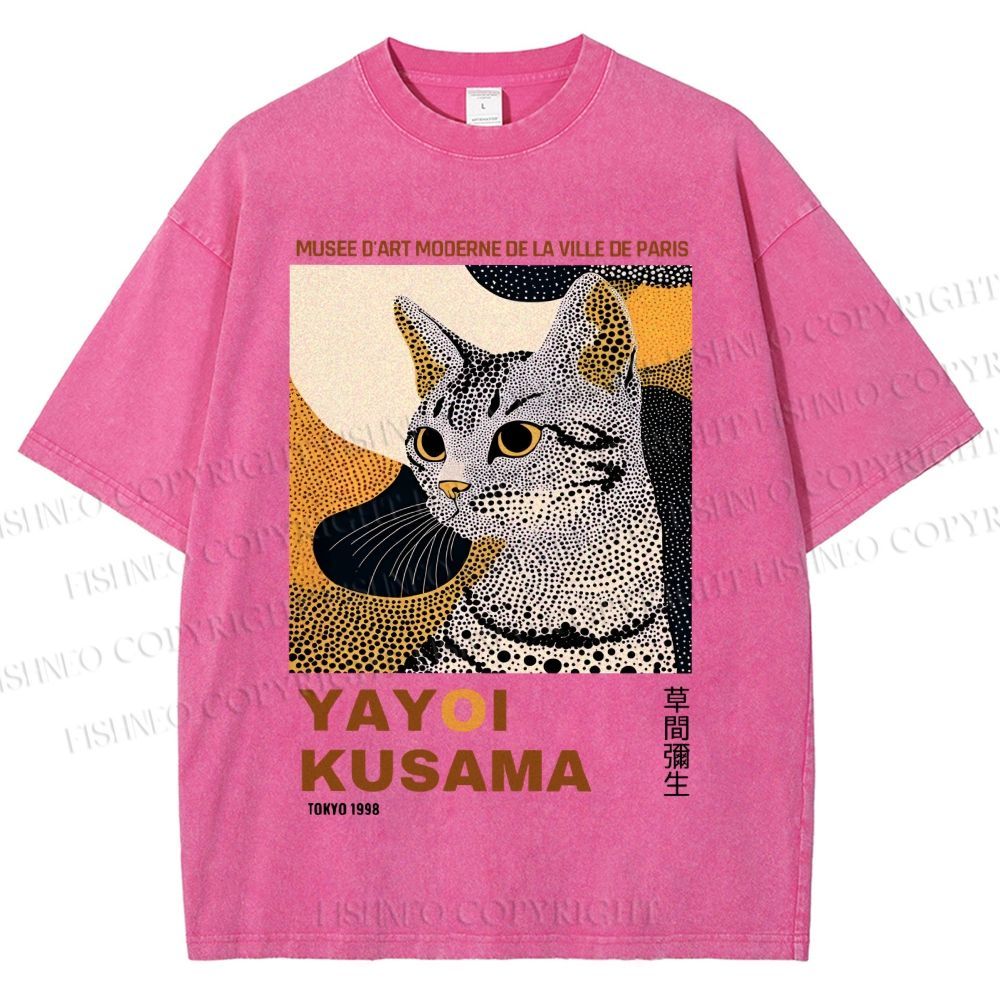 Unisex Yayoi Kusama Cat Printed Washed Tee