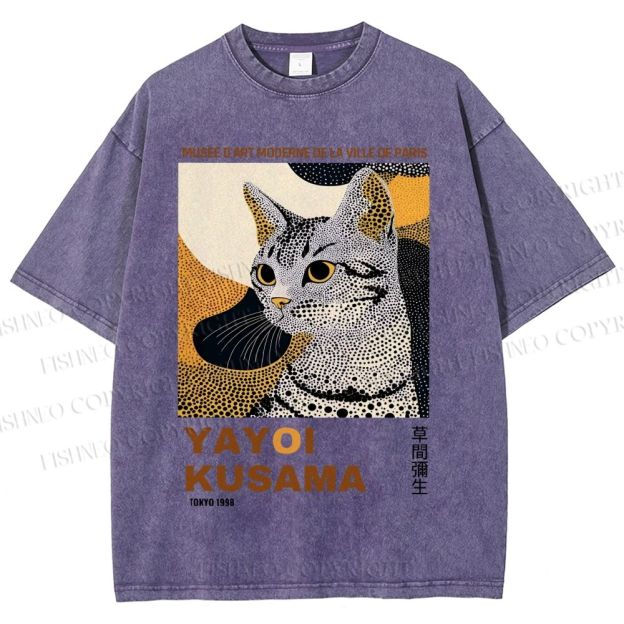Unisex Yayoi Kusama Cat Printed Washed Tee