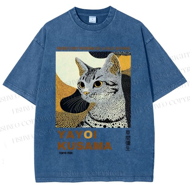 Unisex Yayoi Kusama Cat Printed Washed Tee