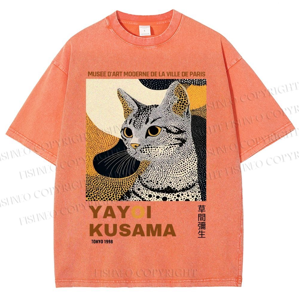 Unisex Yayoi Kusama Cat Printed Washed Tee
