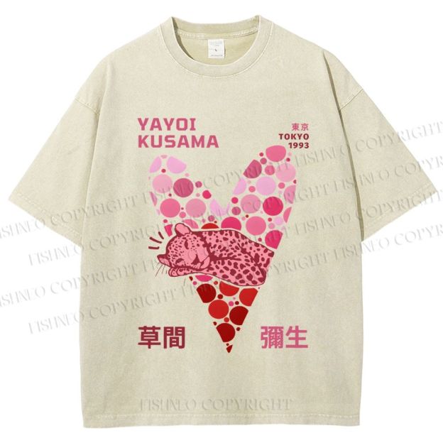 Unisex Yayoi Kusama Pink Panther in Heart Printed Washed Tee