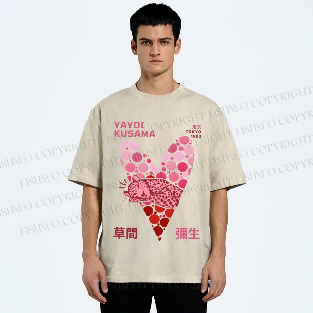 Unisex Yayoi Kusama Pink Panther in Heart Printed Washed Tee