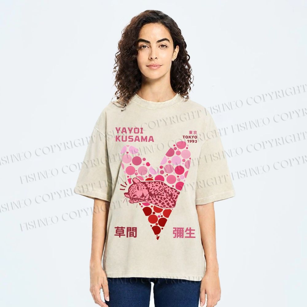 Unisex Yayoi Kusama Pink Panther in Heart Printed Washed Tee