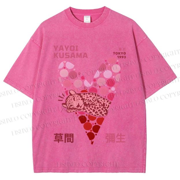 Unisex Yayoi Kusama Pink Panther in Heart Printed Washed Tee