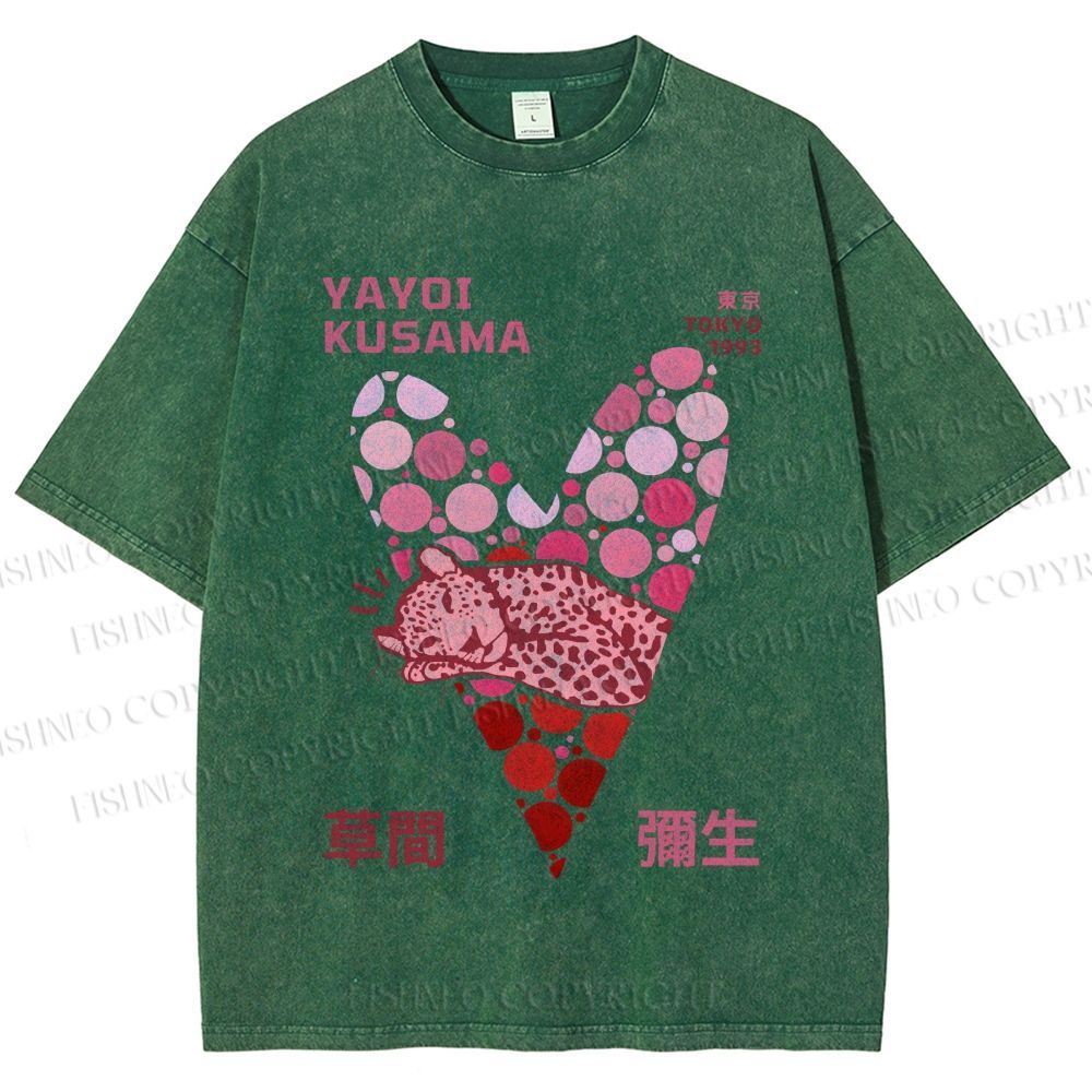 Unisex Yayoi Kusama Pink Panther in Heart Printed Washed Tee