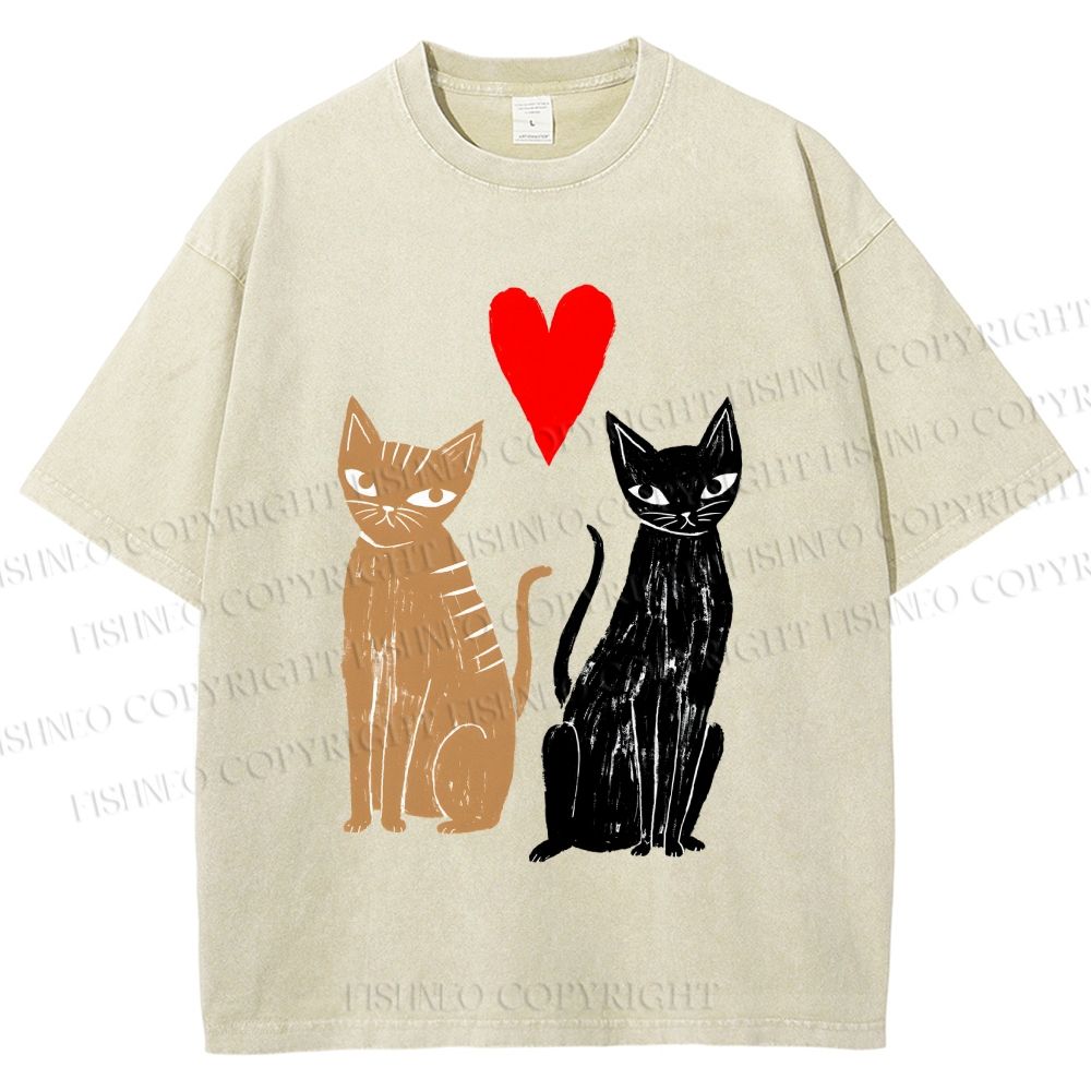 Unisex Heart Cat Printed Washed Tee