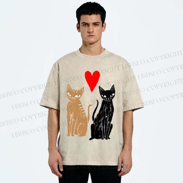 Unisex Heart Cat Printed Washed Tee