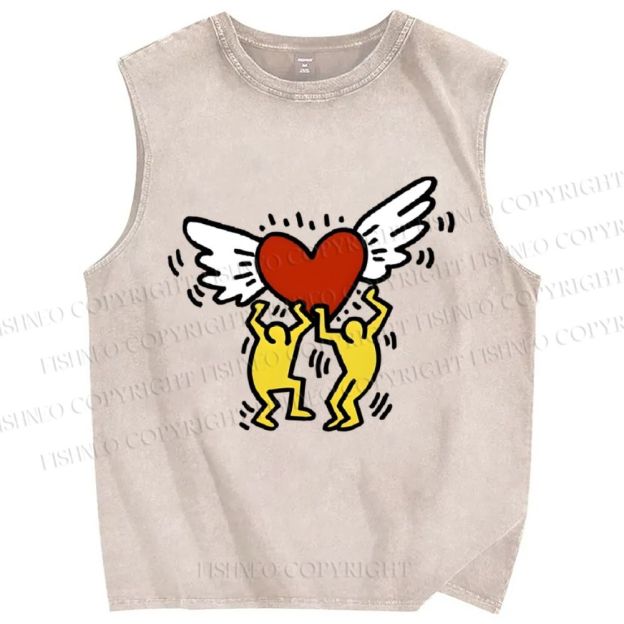 Unisex Keith Haring Hold Your Heart Printed Washed Tank Top