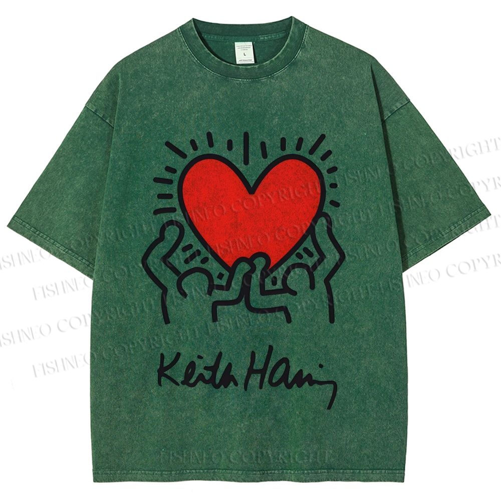 Unisex Keith Haring Hold Your Heart Printed Washed Tee