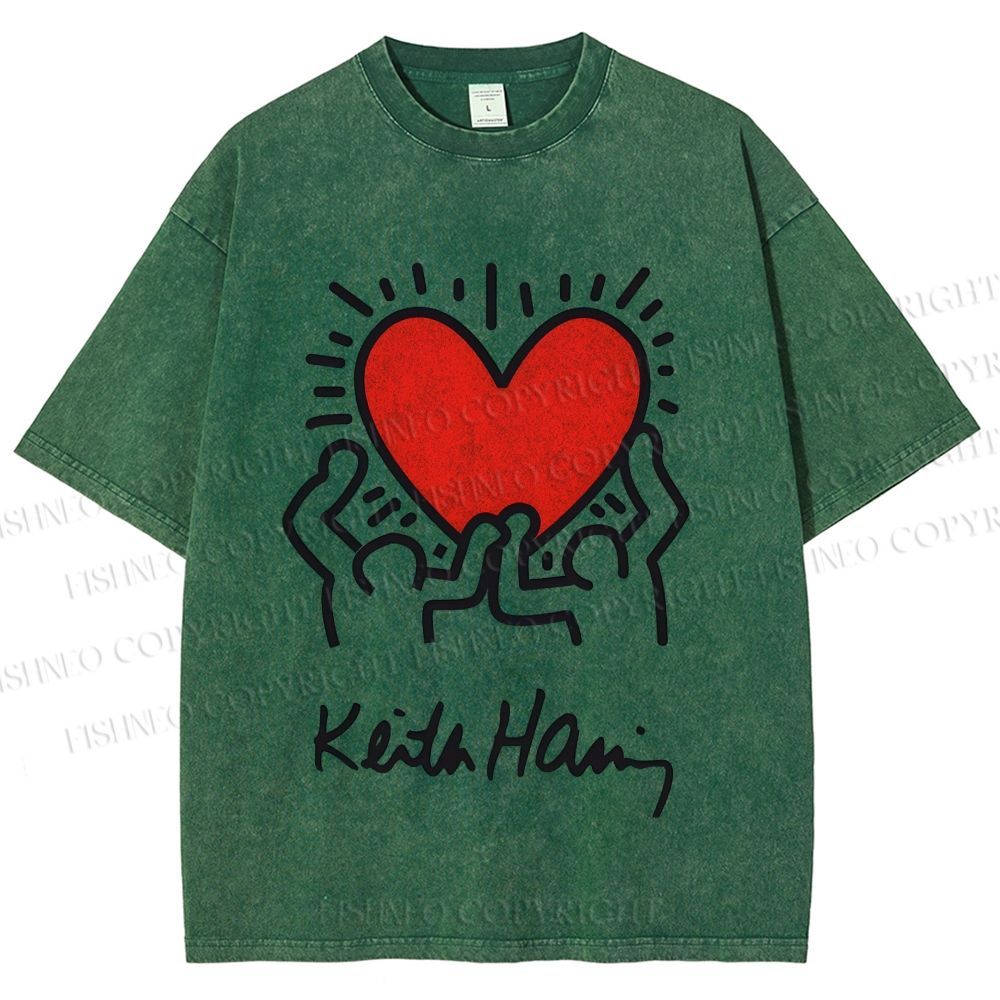 Unisex Keith Haring Hold Your Heart Printed Washed Tee